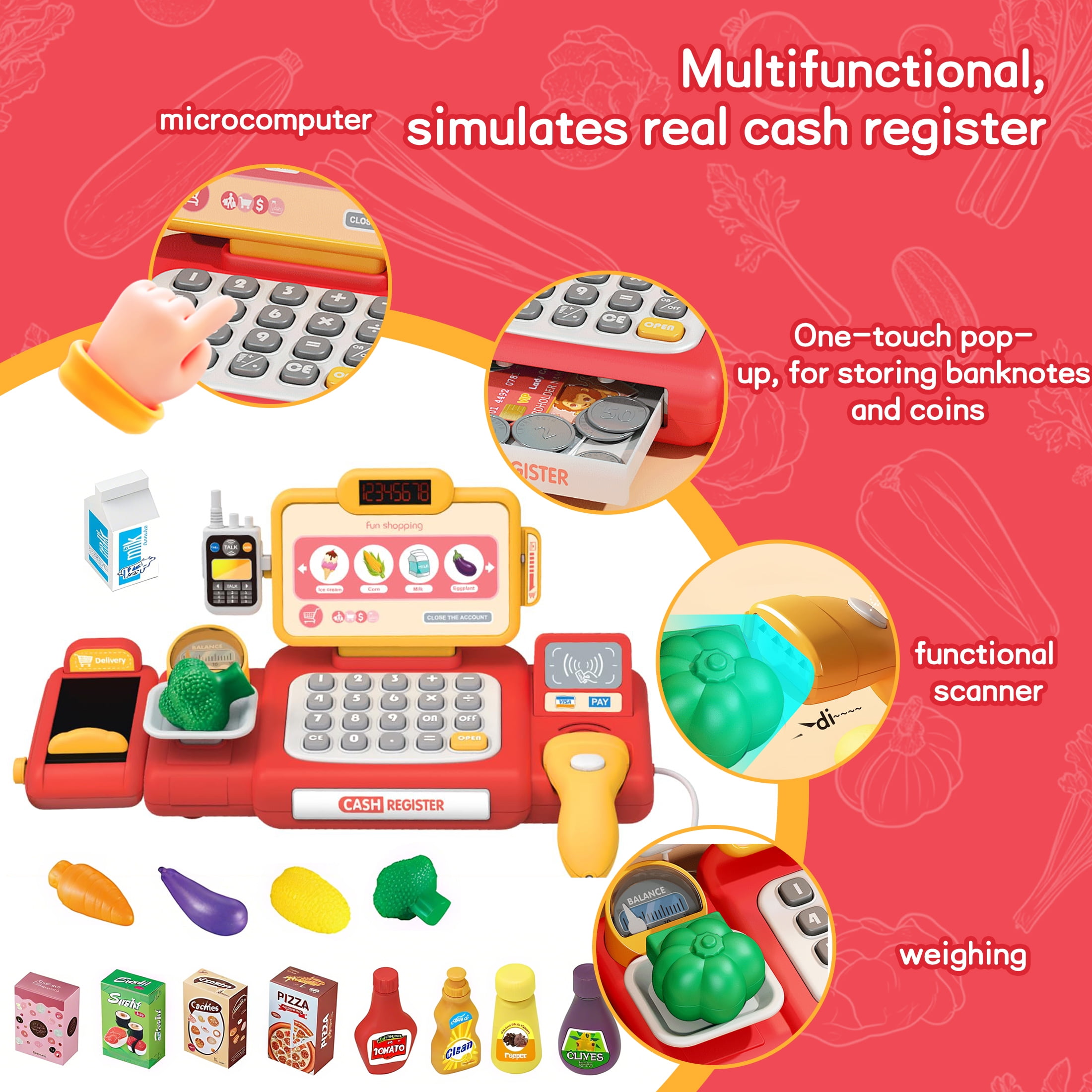 KOPPOP Kids Cash Register Toy with Scanner and Play Money (Red, 1 Set) dggwe