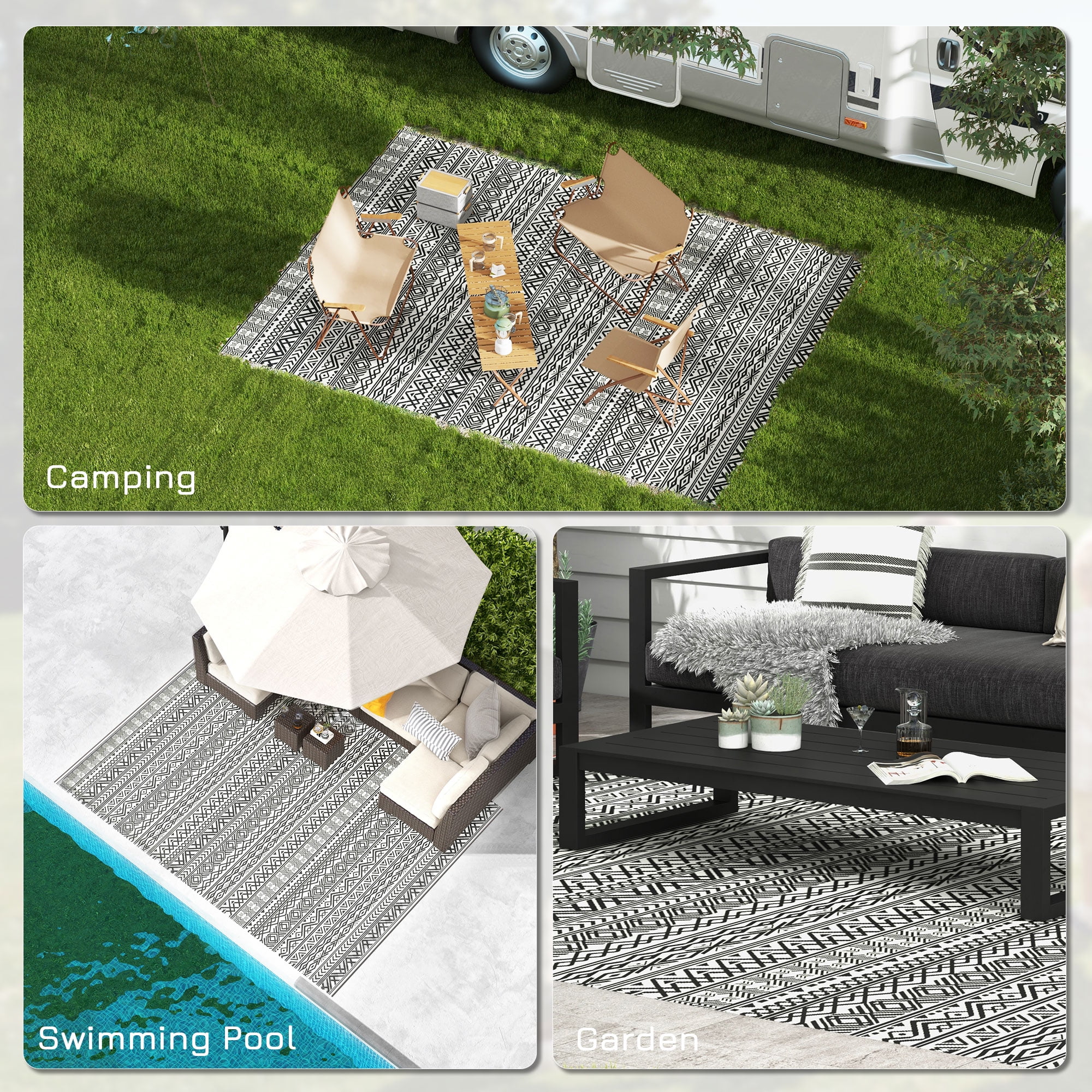 Outsunny Outdoor Rug with Carrying Bag, Reversible Boho Pattern, Waterproof Plastic Patio Mat (Gray Cream, 9 ft x 12 ft) q2ynv