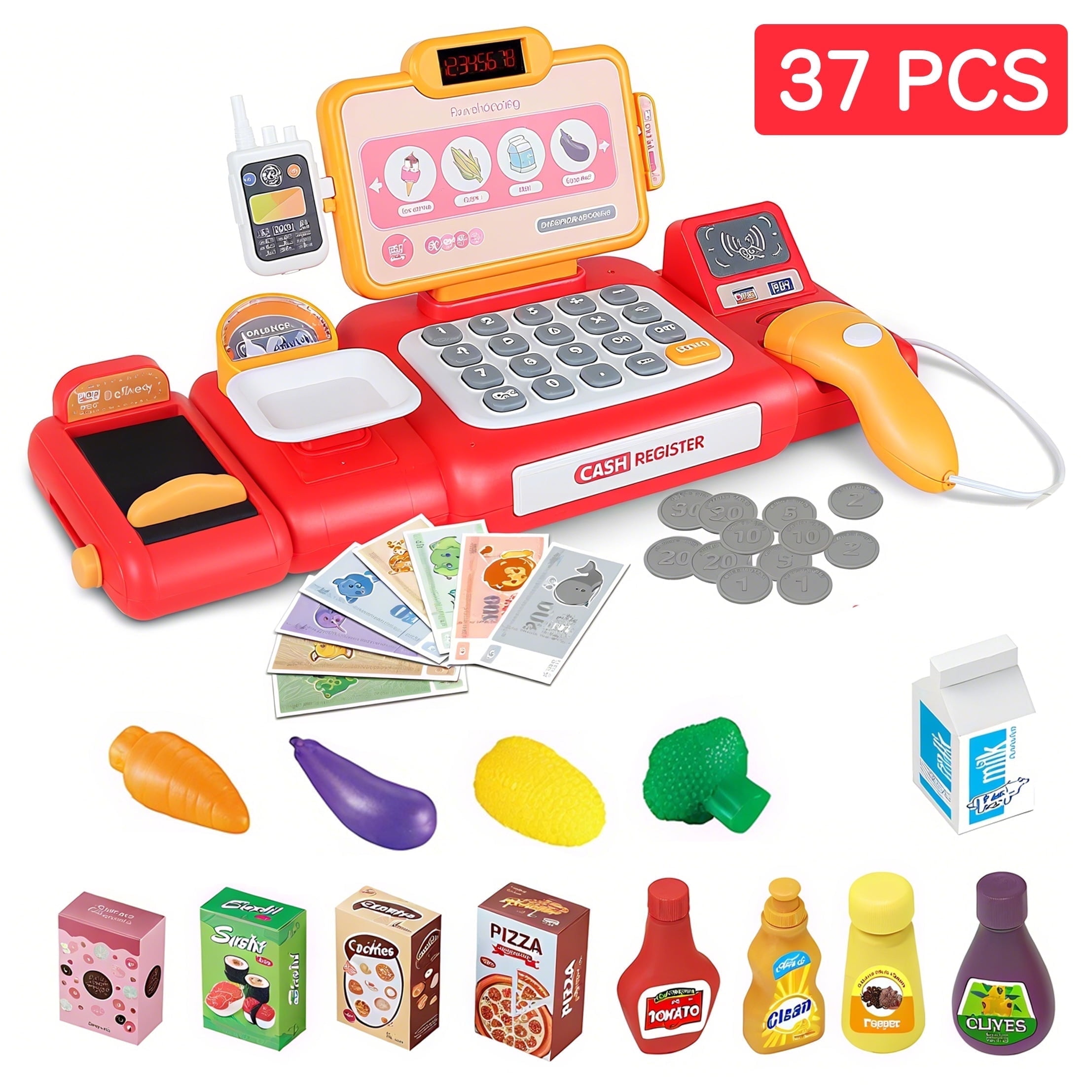 KOPPOP Kids Cash Register Toy with Scanner and Play Money (Red, 1 Set) dggwe