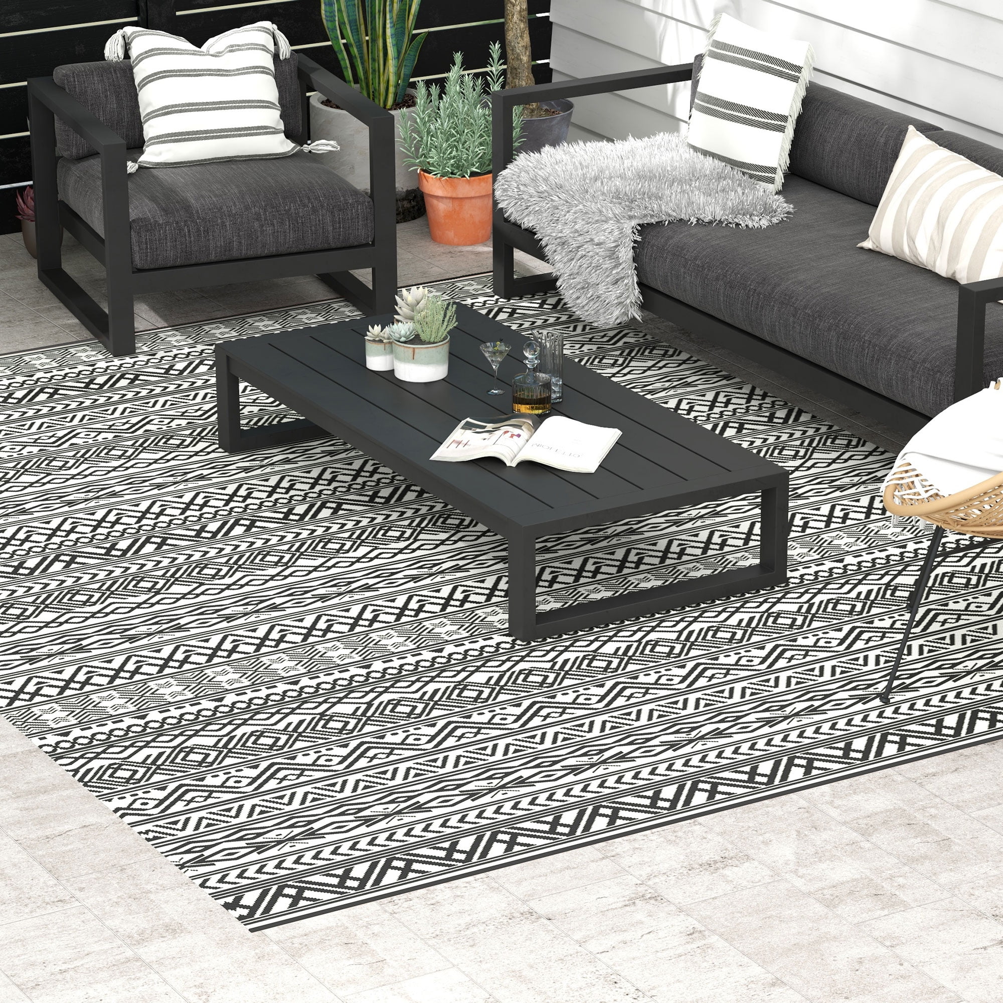 Outsunny Outdoor Rug with Carrying Bag, Reversible Boho Pattern, Waterproof Plastic Patio Mat (Gray Cream, 9 ft x 12 ft) q2ynv