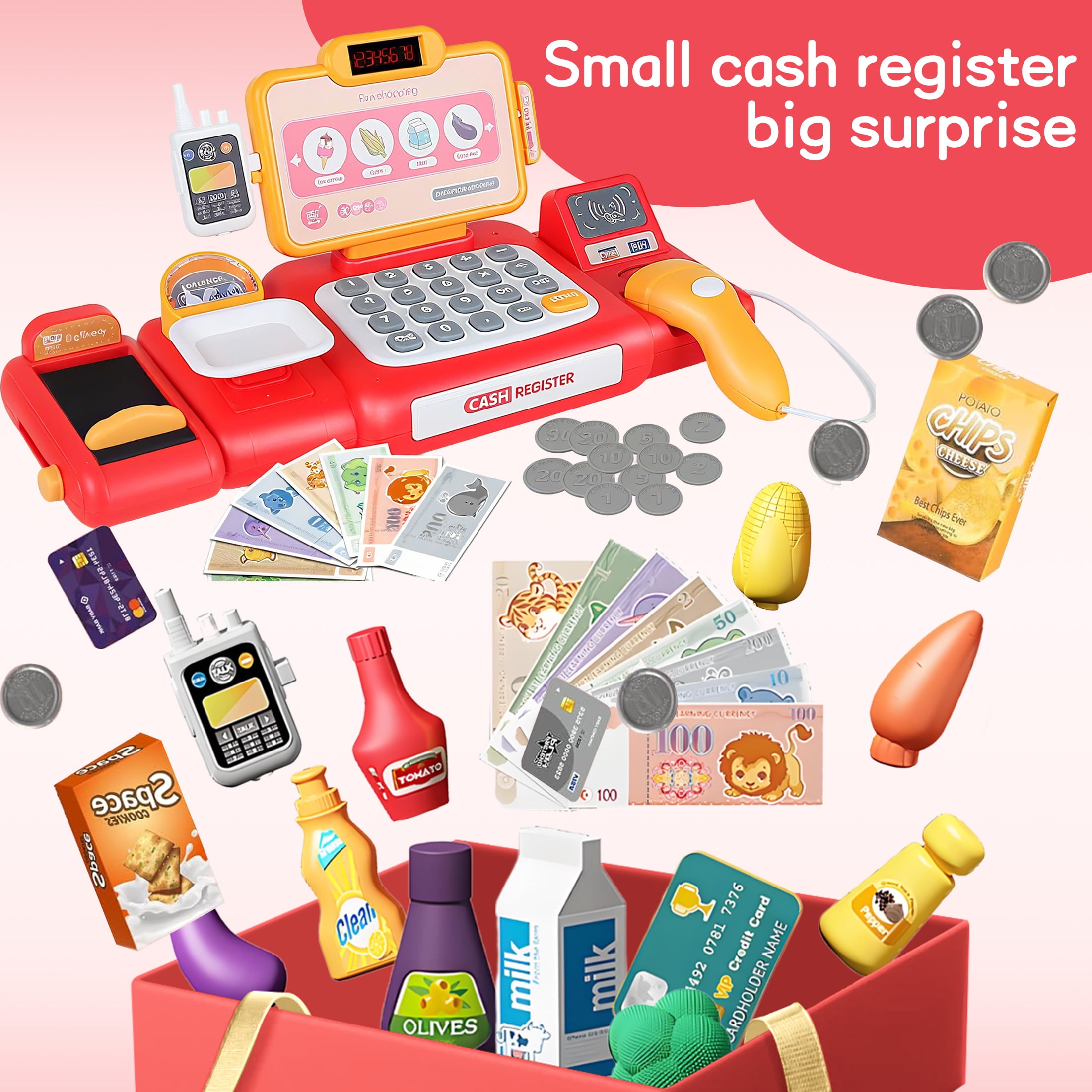 KOPPOP Kids Cash Register Toy with Scanner and Play Money (Red, 1 Set) dggwe