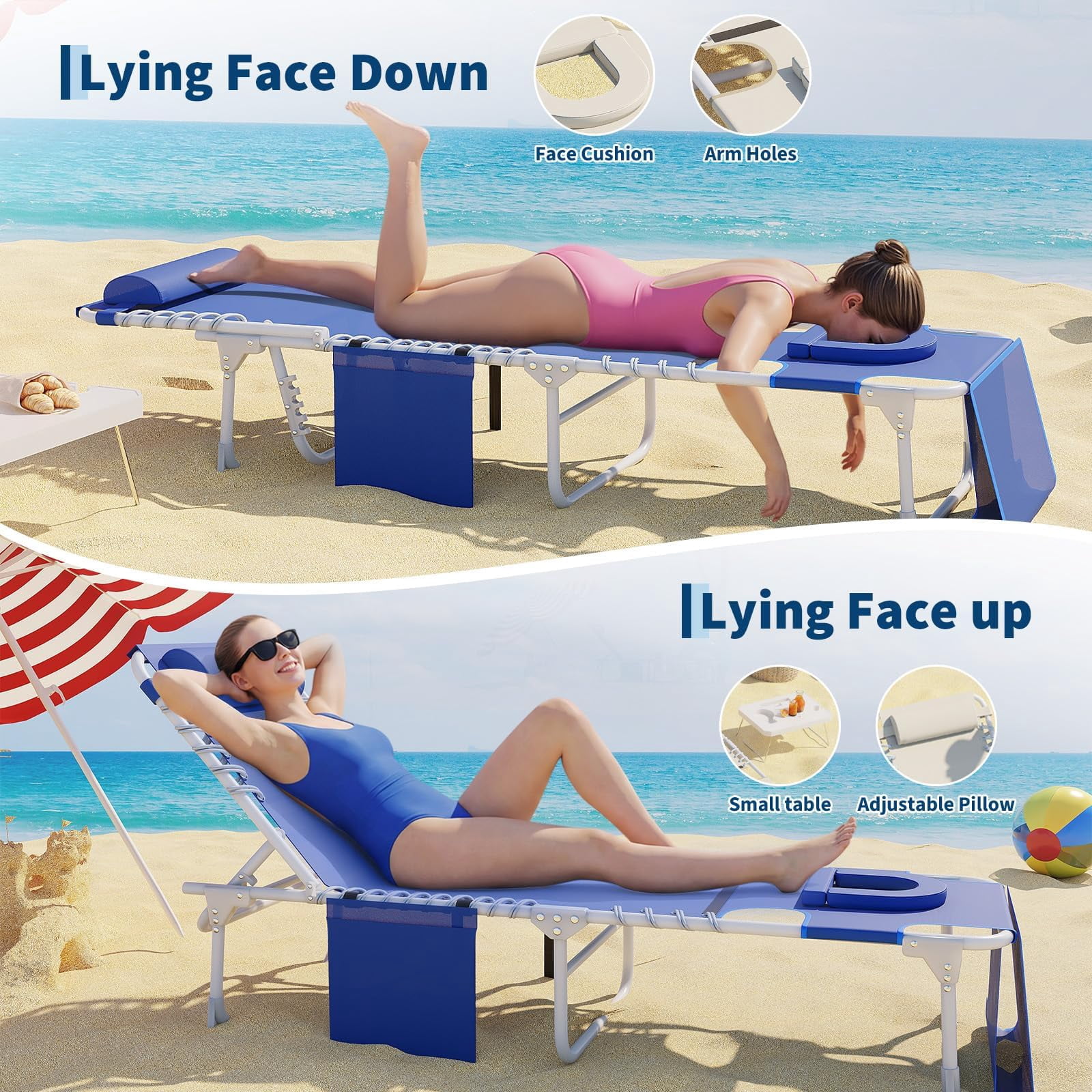 AIKKYS Folding Beach Lounge Chair with Side Table and Face Hole (Blue, 14 lb) r7cjr