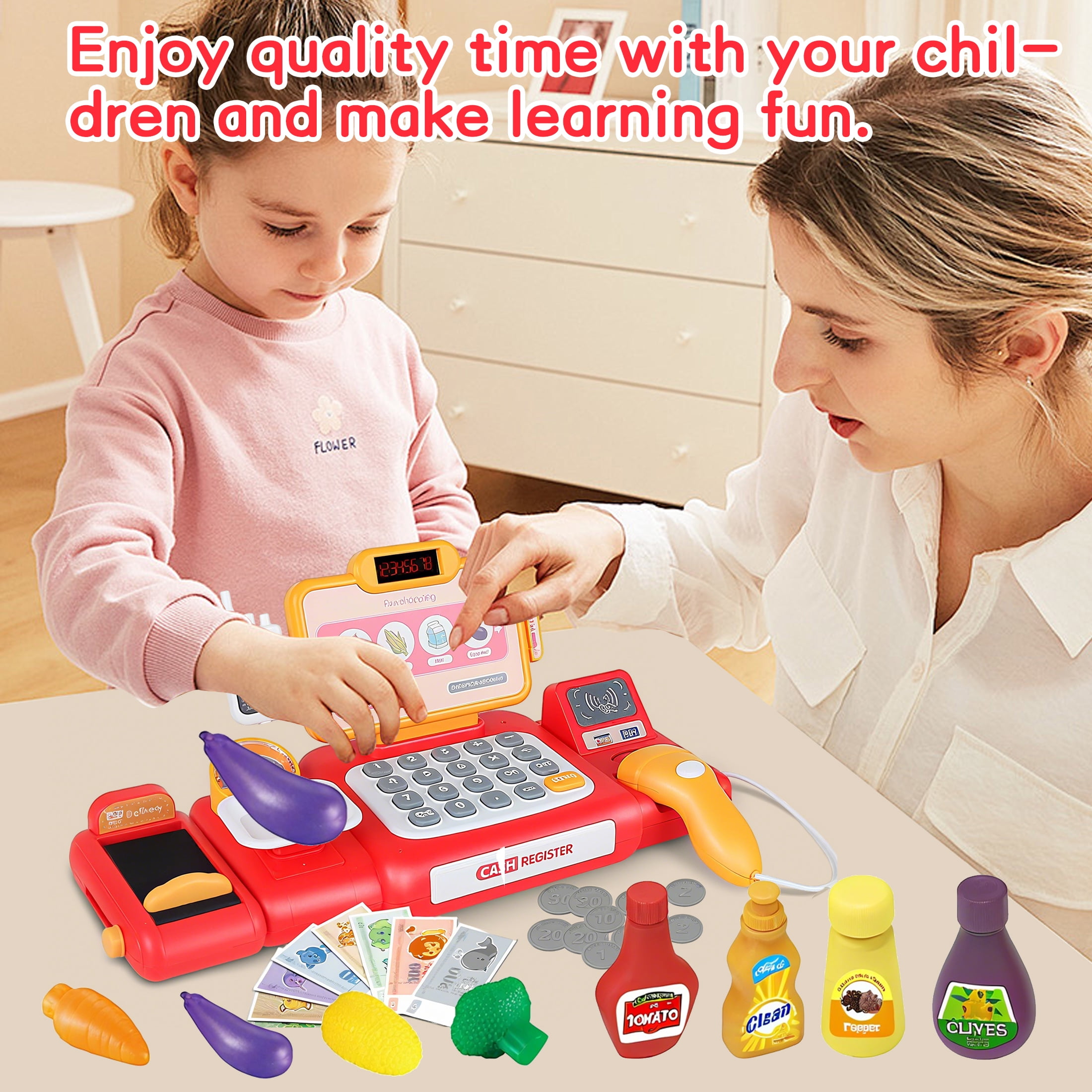 KOPPOP Kids Cash Register Toy with Scanner and Play Money (Red, 1 Set) dggwe