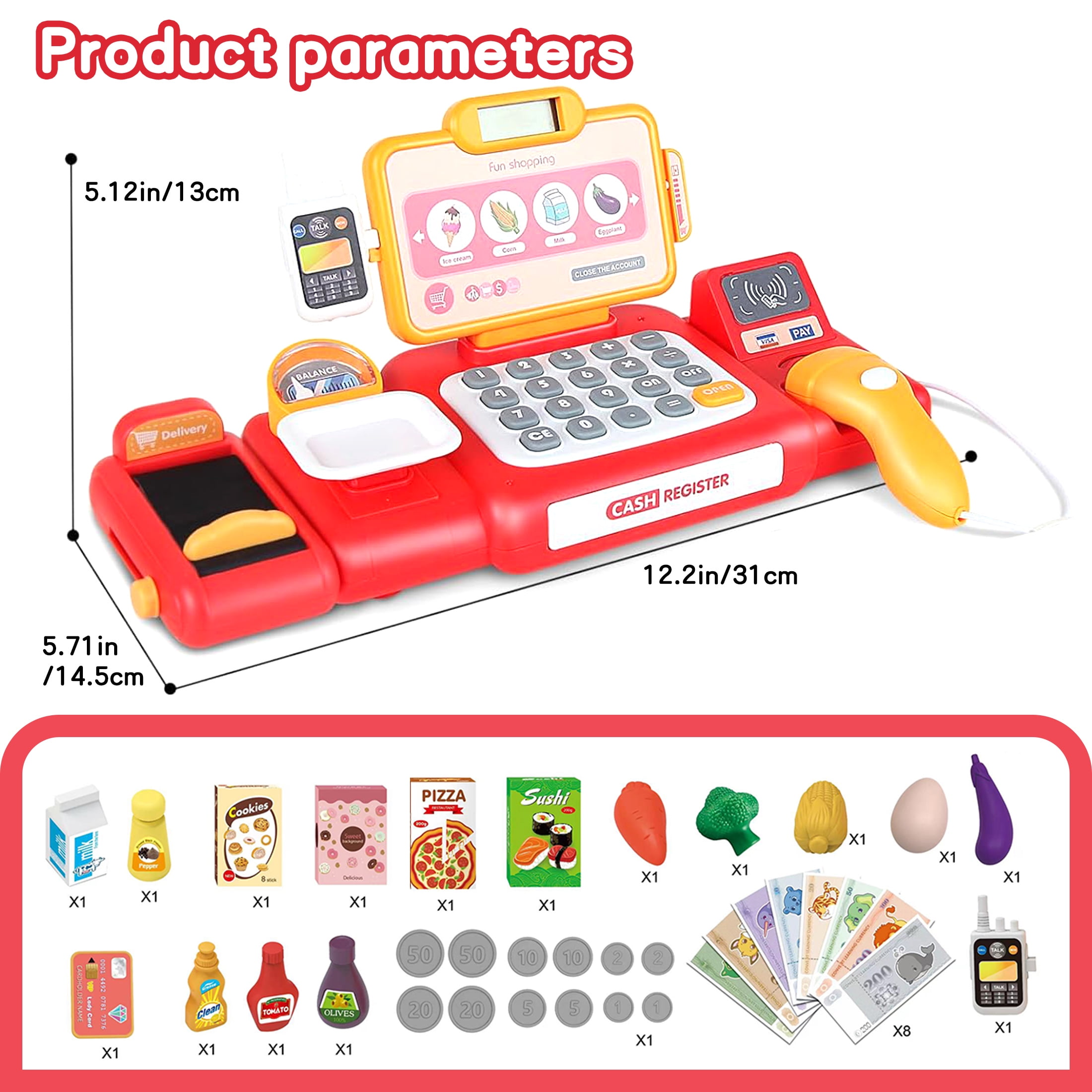 KOPPOP Kids Cash Register Toy with Scanner and Play Money (Red, 1 Set) dggwe