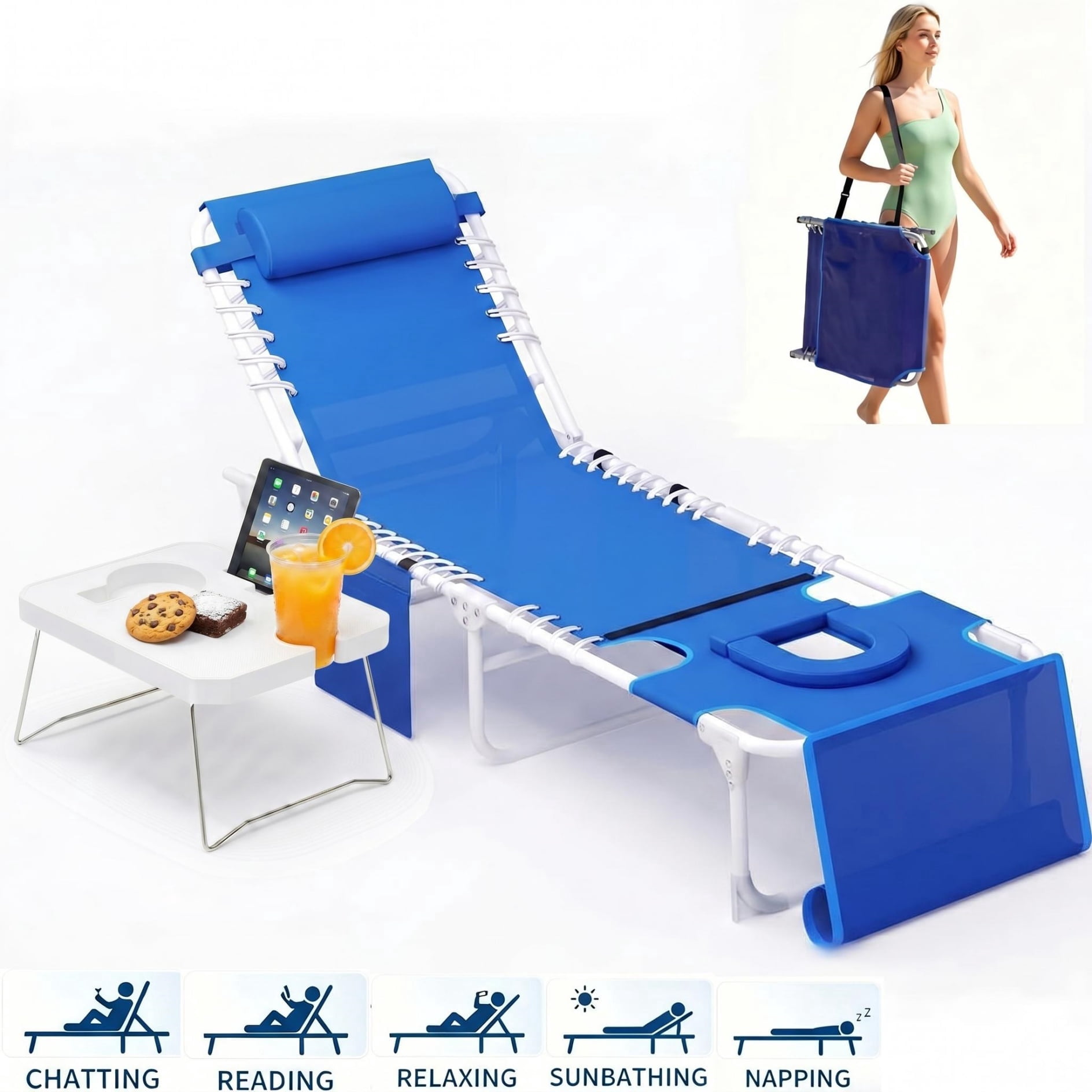 AIKKYS Folding Beach Lounge Chair with Side Table and Face Hole (Blue, 14 lb) r7cjr