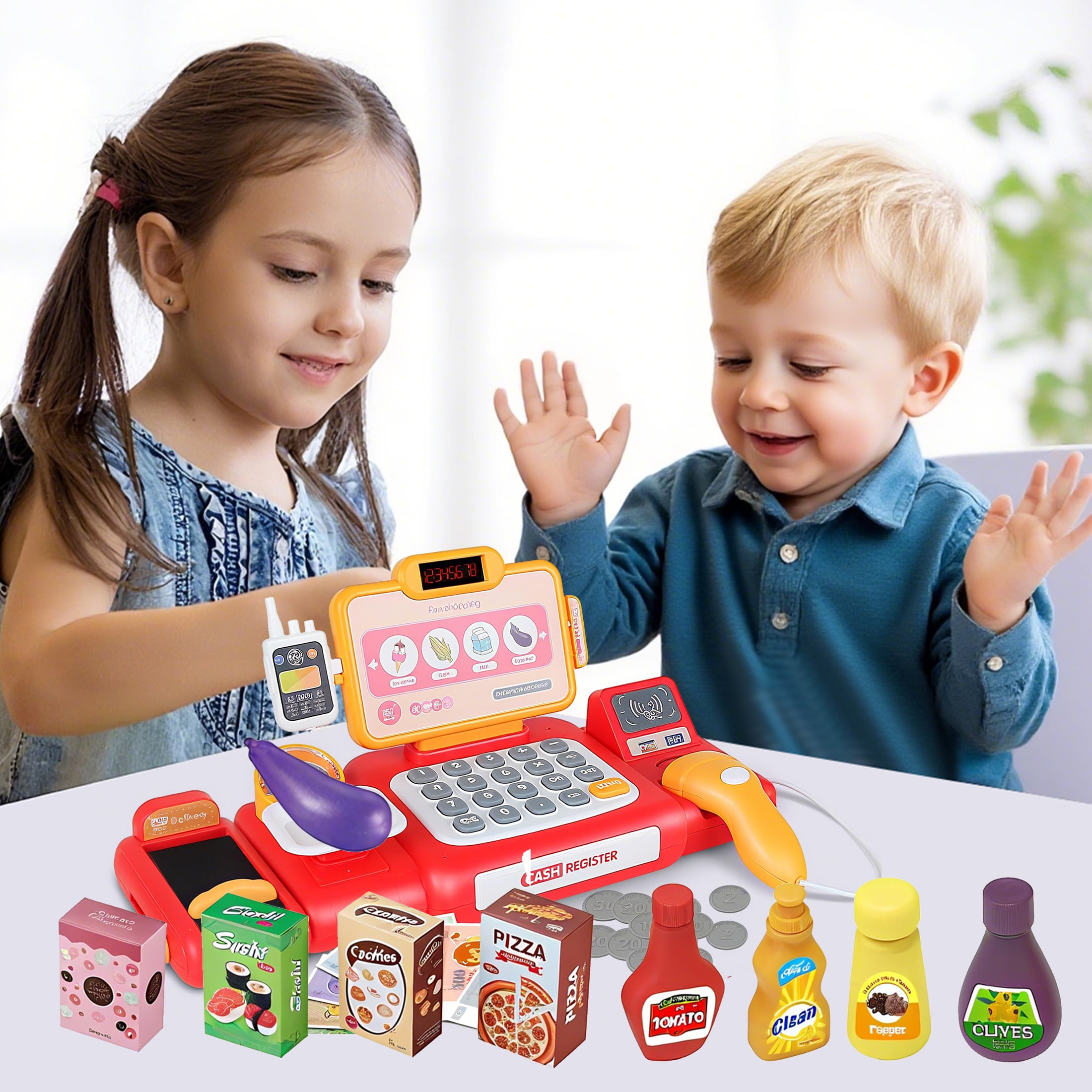KOPPOP Kids Cash Register Toy with Scanner and Play Money (Red, 1 Set) dggwe