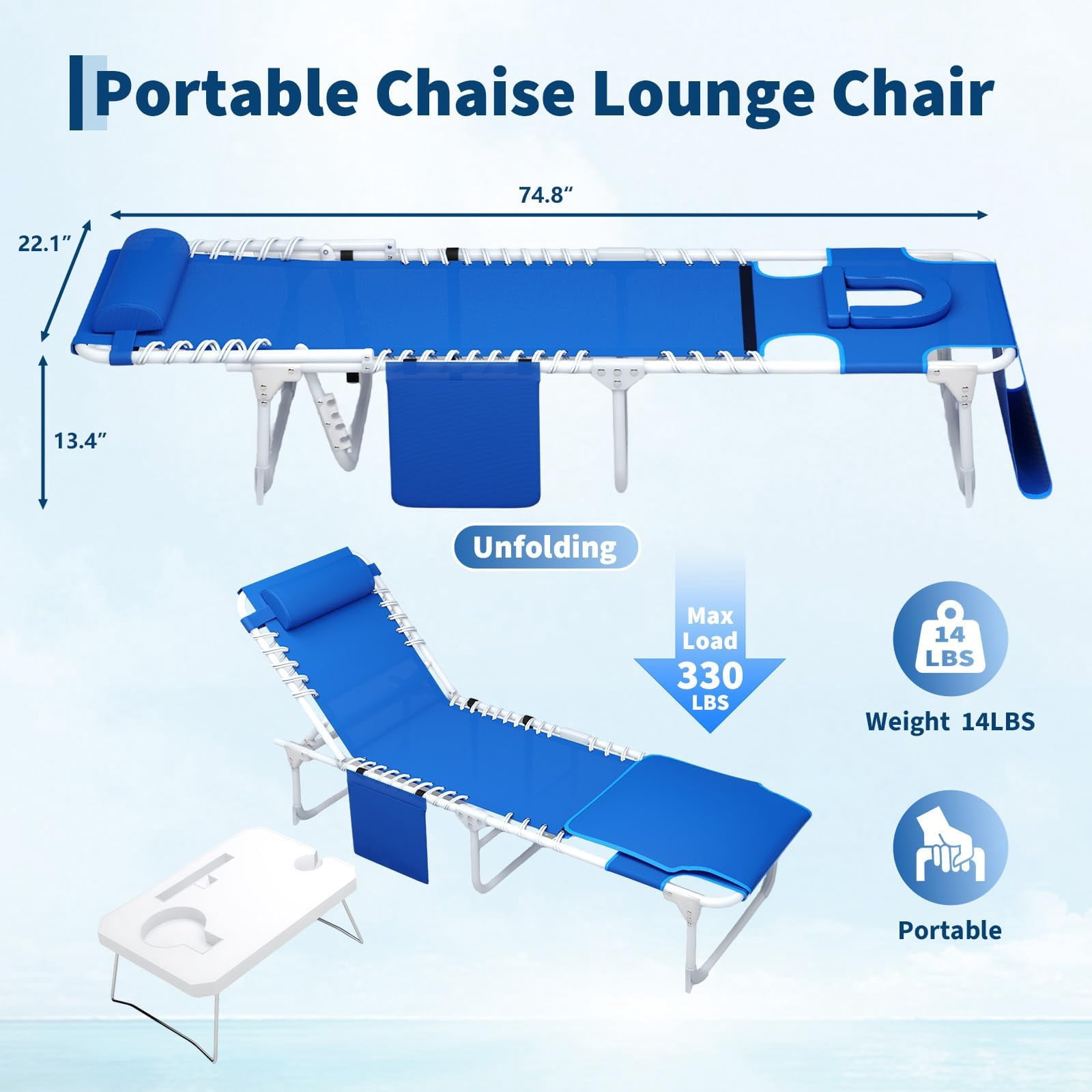 AIKKYS Folding Beach Lounge Chair with Side Table and Face Hole (Blue, 14 lb) r7cjr