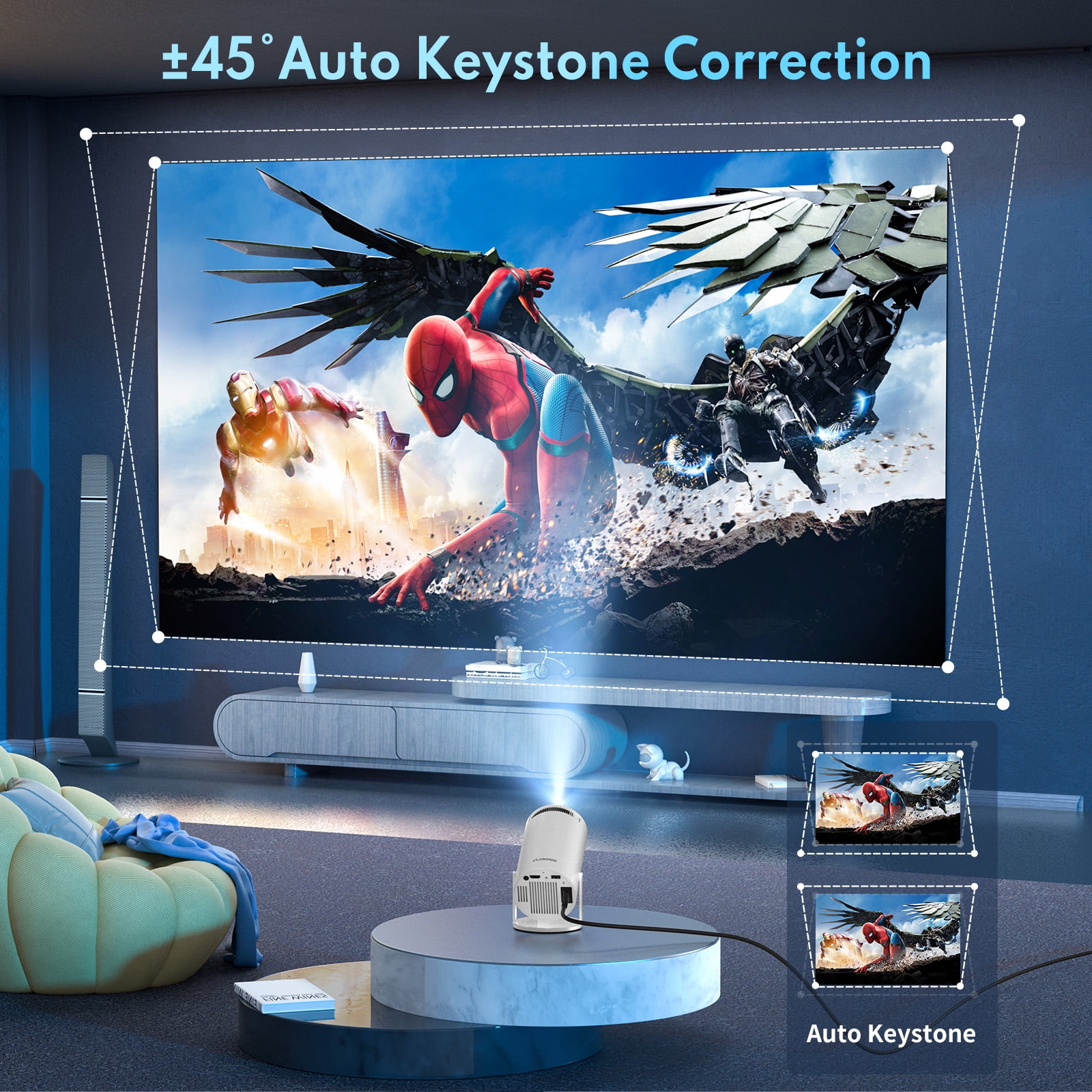ARTSEA Mini Smart Projector, 1080P HD Home Theater with 4K Support, 180-Degree Rotatable Projection (White, 200 in) crt3q